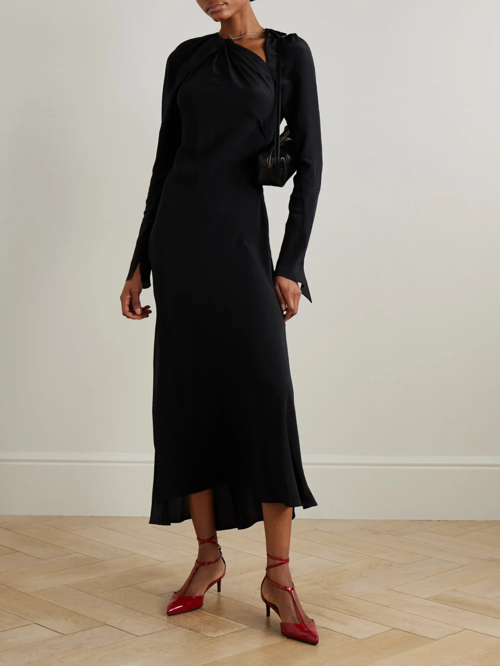 Victoria Beckham Chain-embellished Draped Silk Midi Dress, worn by a model