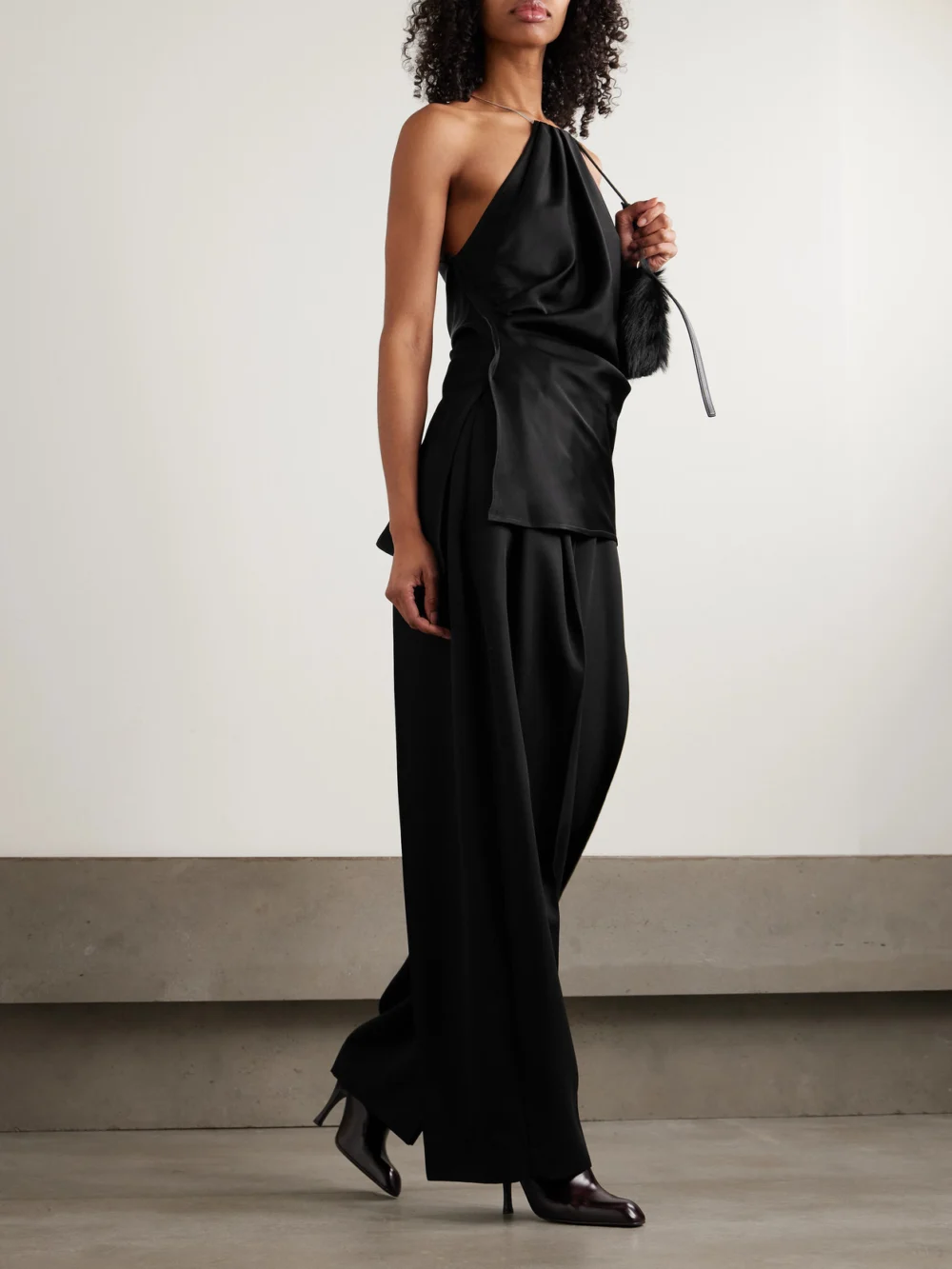 Victoria Beckham Chain-embellished Gathered Satin Top, worn by a model