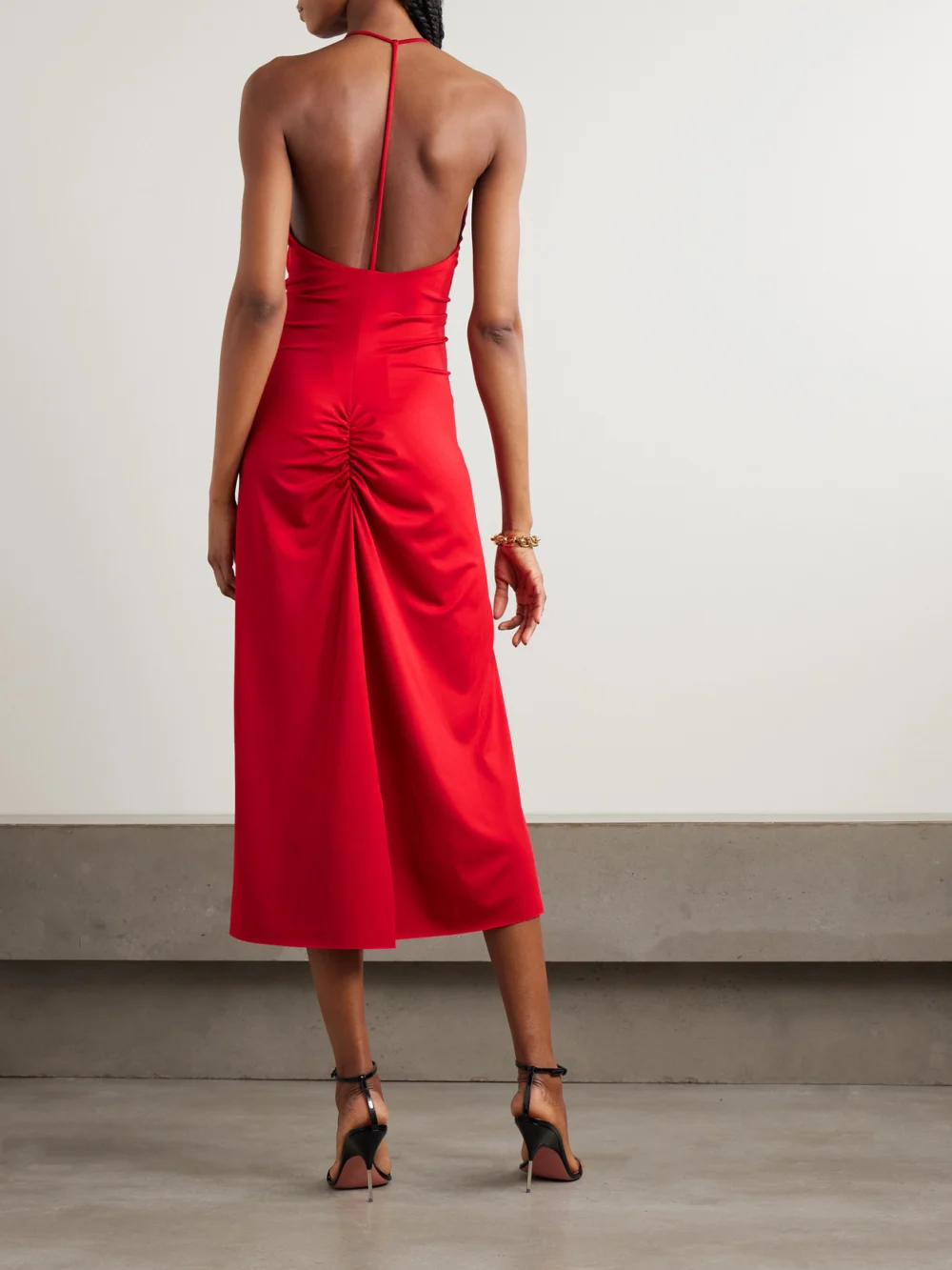 Back view of the Victoria Beckham Cutout Ruched Satin-jersey Midi Dress