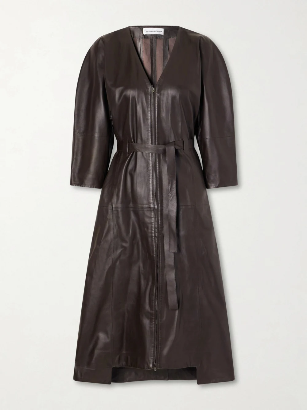Victoria Beckham Dolman Belted Leather Midi Dress in brown
