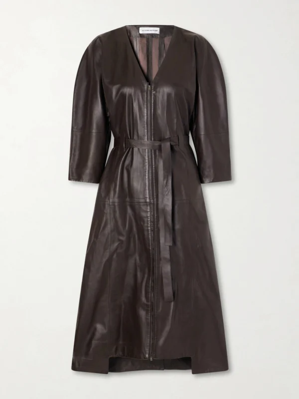 Victoria Beckham Dolman Belted Leather Midi Dress