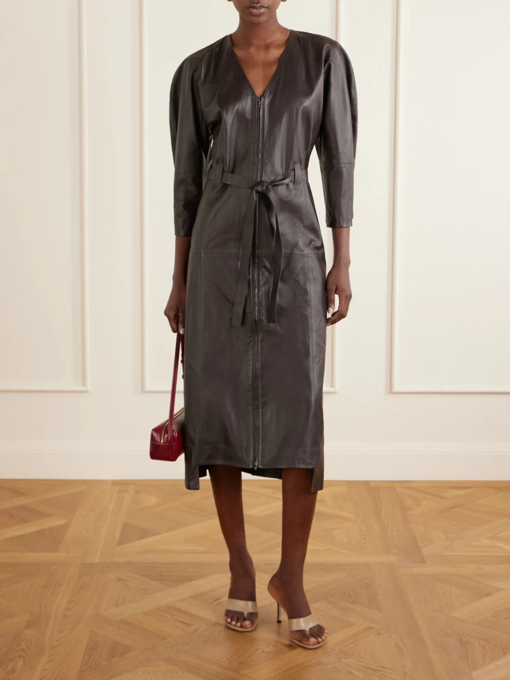 Victoria Beckham Dolman Belted Leather Midi Dress, worn by a model