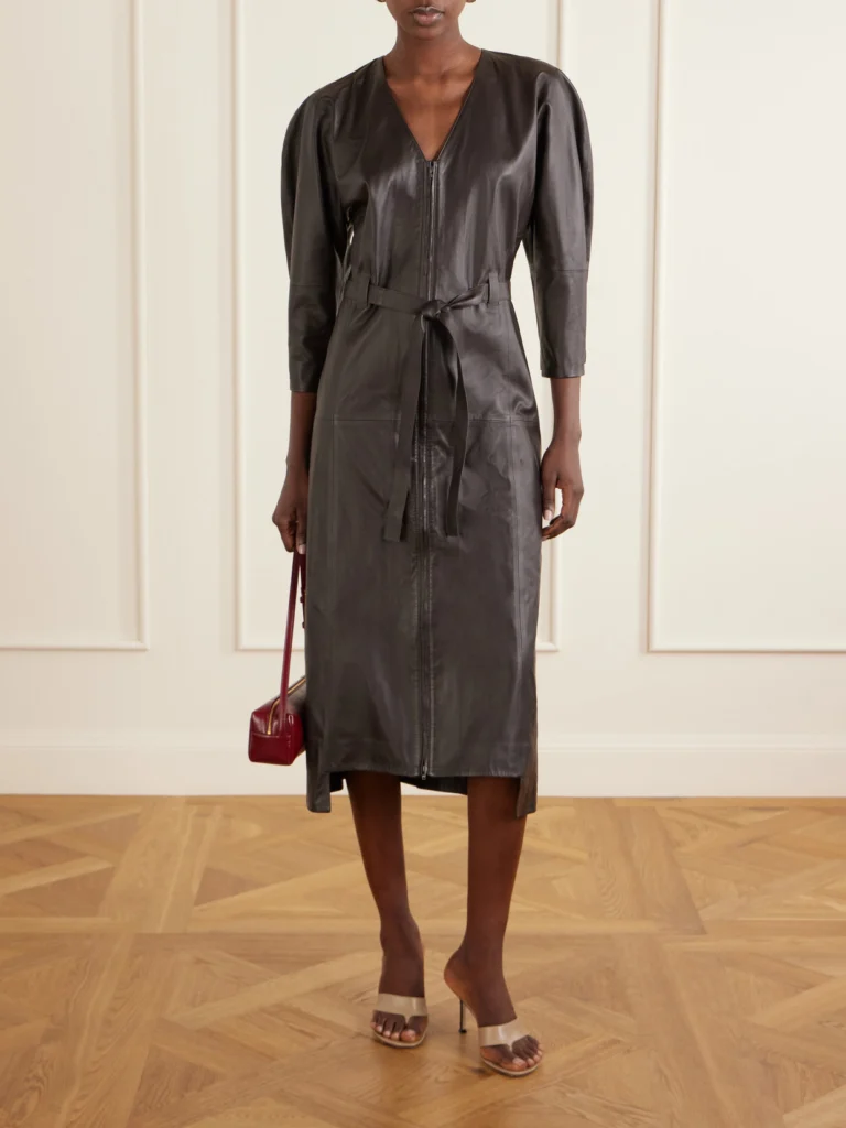 Victoria Beckham Dolman Belted Leather Midi Dress