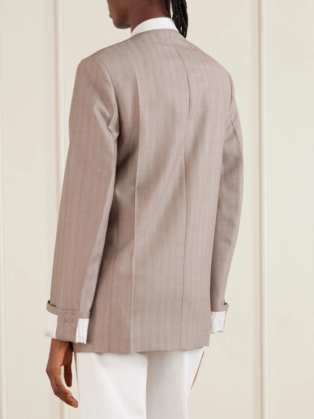 Back view of the Victoria Beckham Double-breasted Striped Wool Blazer