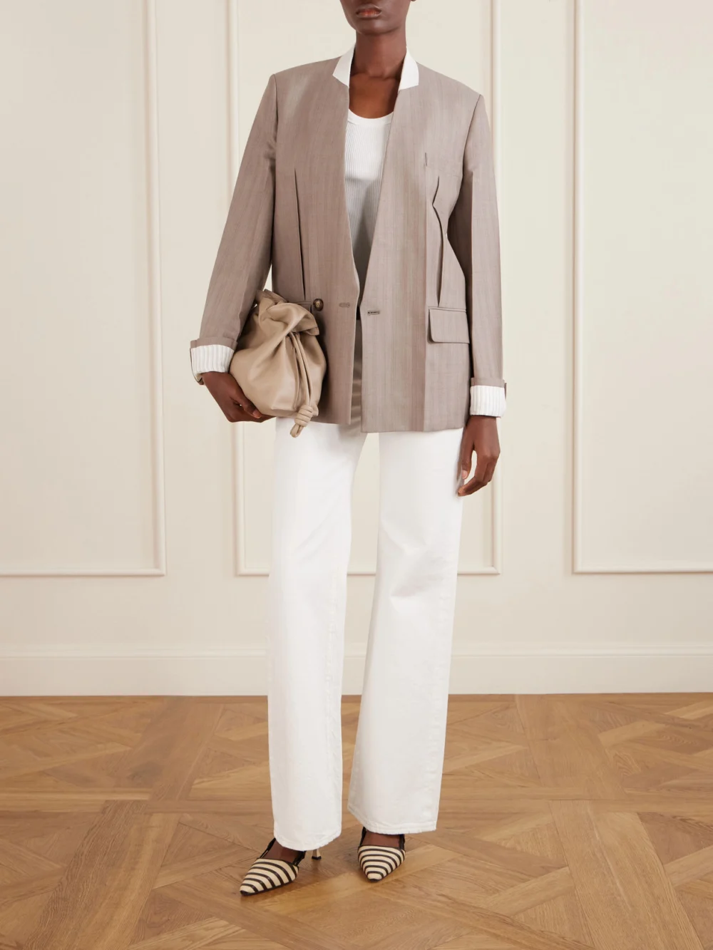 Victoria Beckham Double-breasted Striped Wool Blazer, worn by a model
