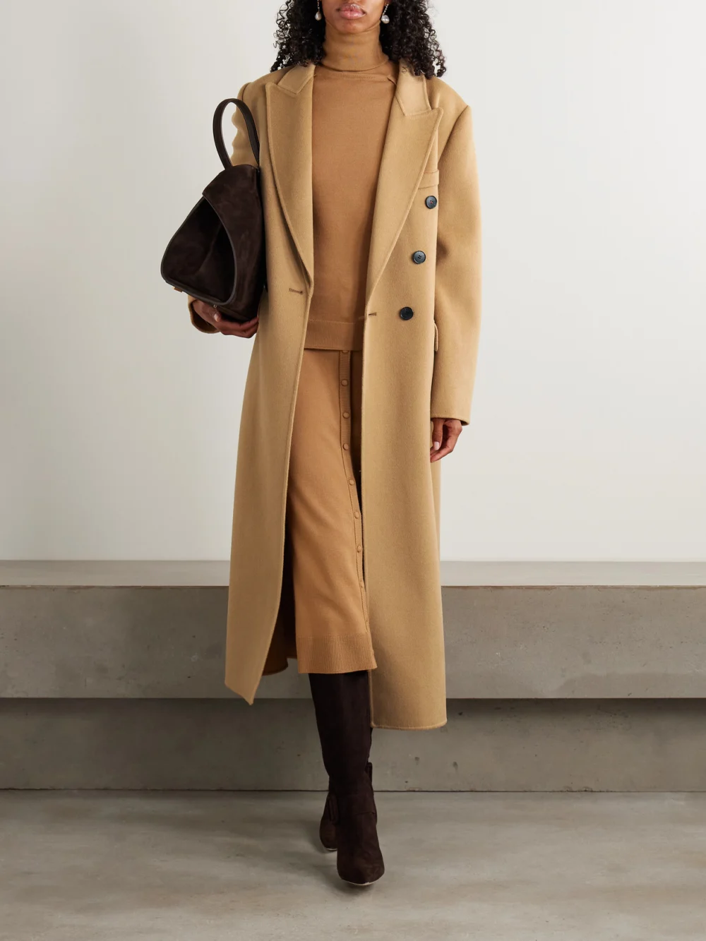 Victoria Beckham Double-breasted Wool and Cashmere-blend Coat, worn by a model
