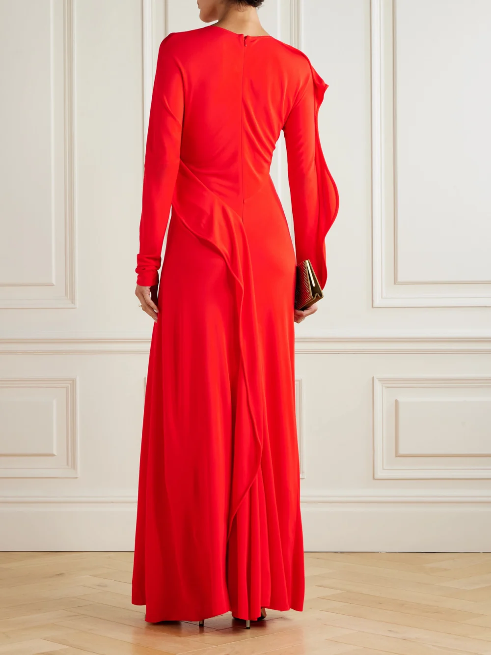 Back view of the Victoria Beckham Draped Asymmetric Jersey Maxi Dress