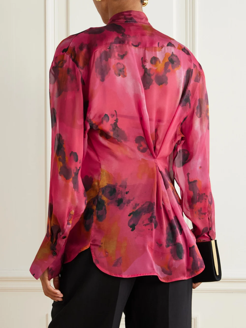 Back view of the Victoria Beckham Draped Floral-print Silk-chiffon Wrap Blouse