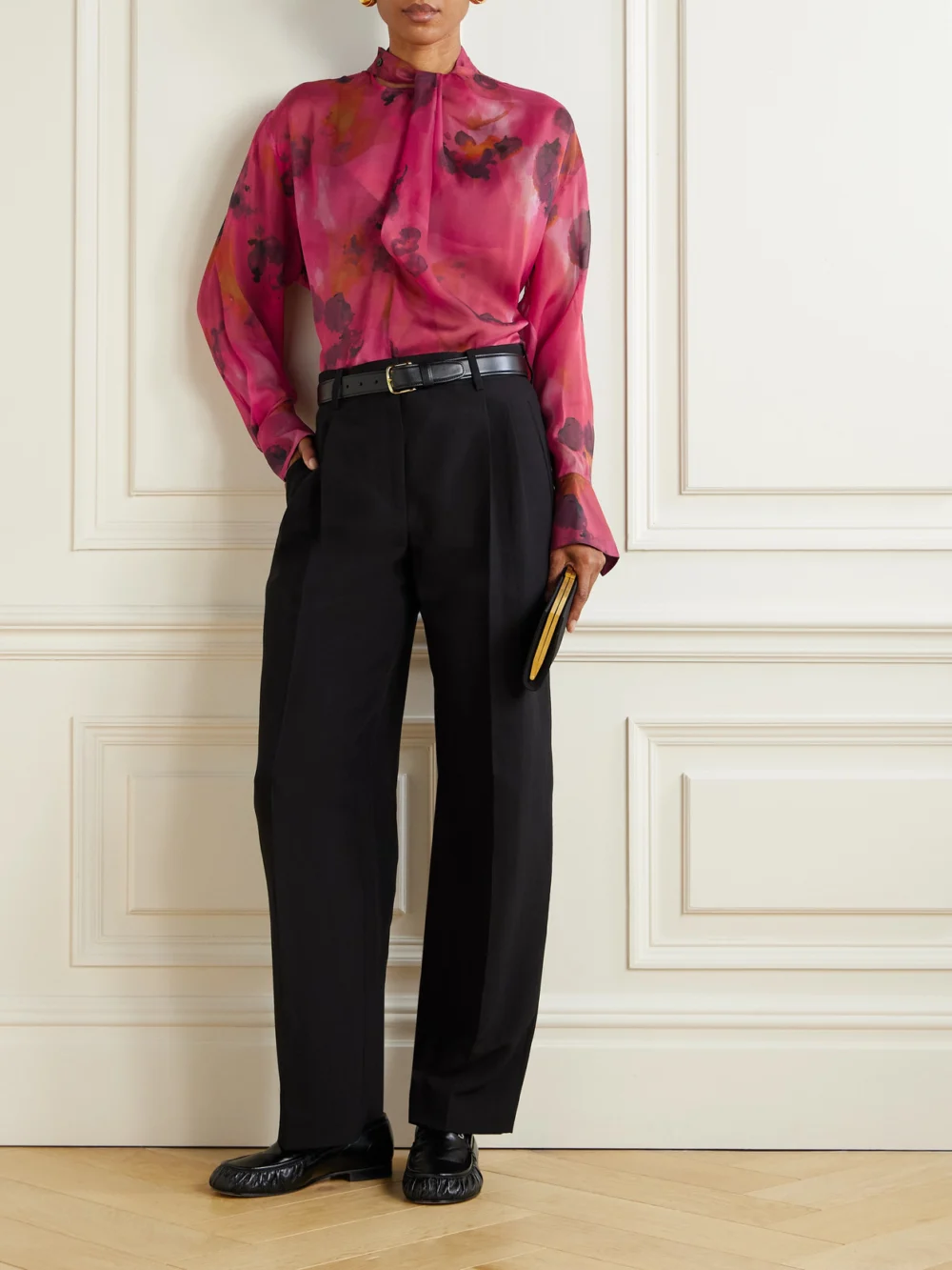 Victoria Beckham Draped Floral-print Silk-chiffon Wrap Blouse, worn by a model