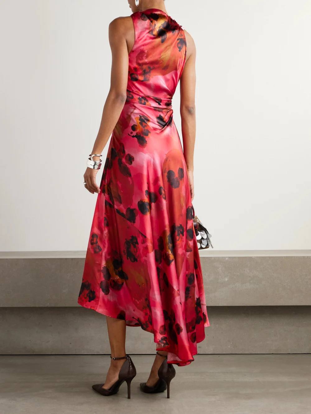 Back view of the Victoria Beckham Draped Floral-print Silk-satin Midi Dress