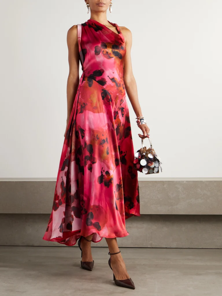 Victoria Beckham Draped Floral-print Silk-satin Midi Dress