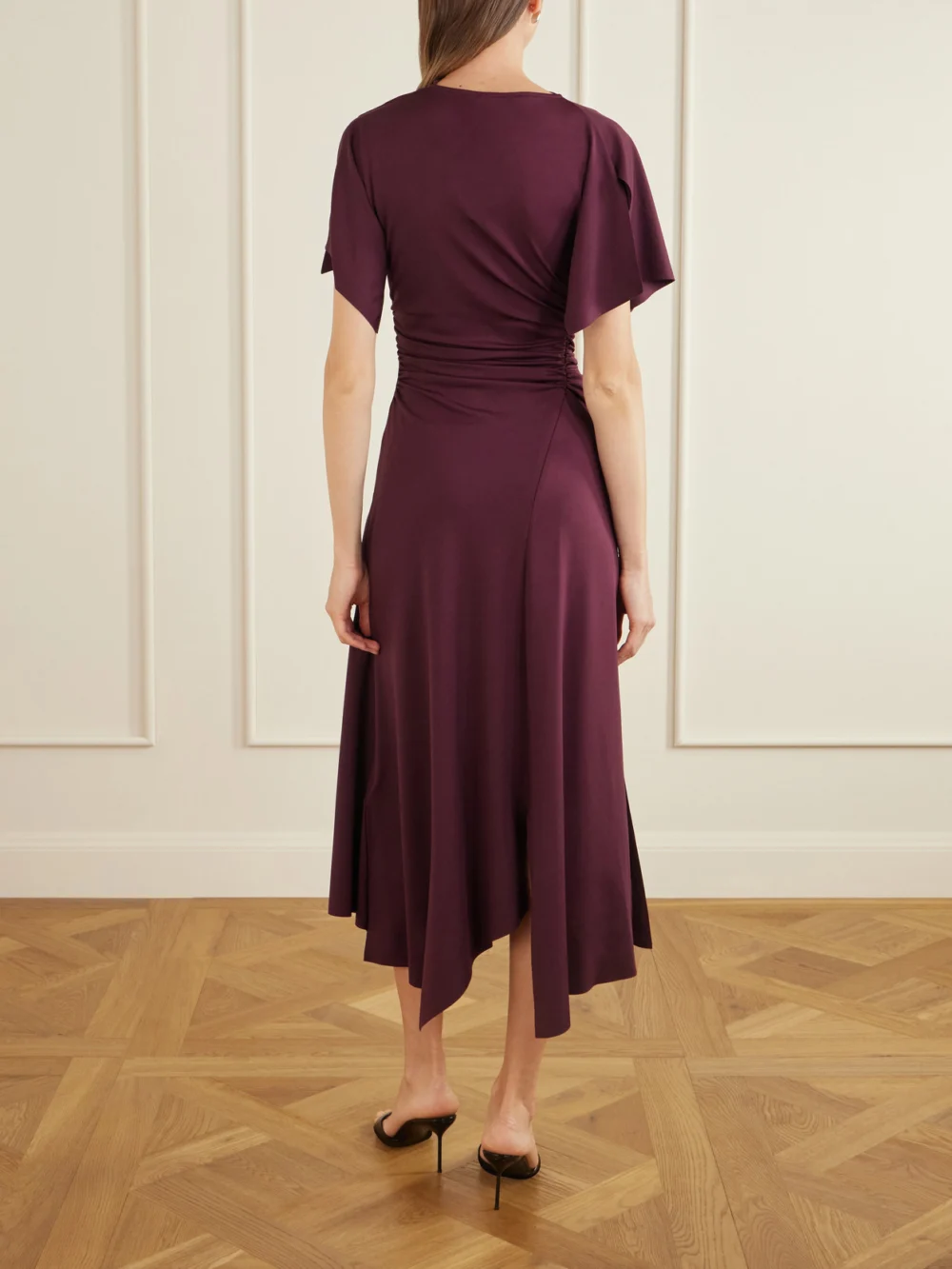 Back view of the Victoria Beckham Draped Satin-jersey Midi Dress