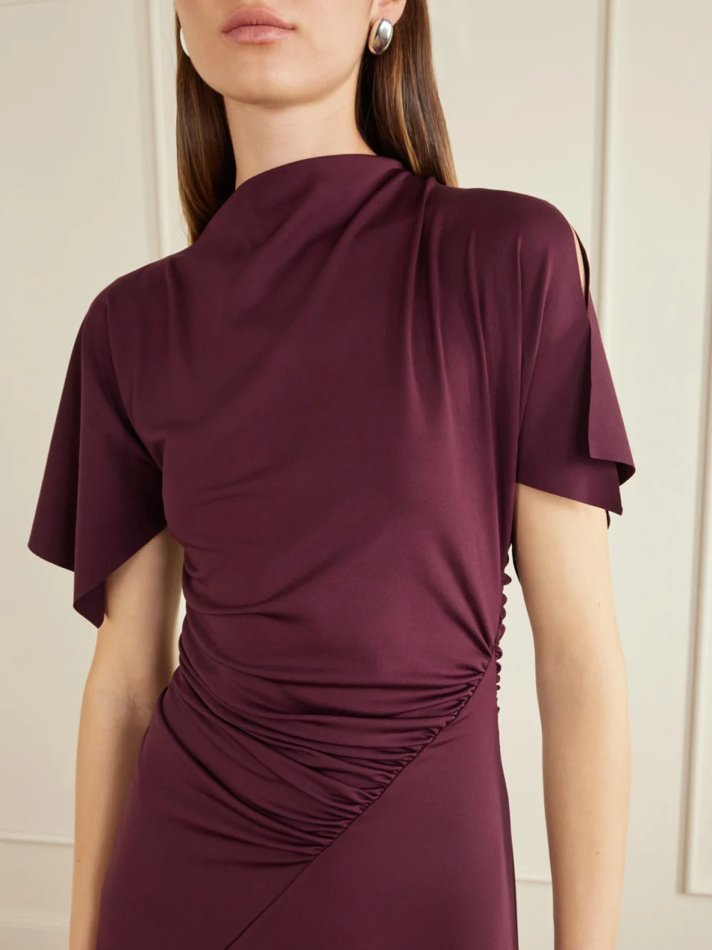 Close-up detail of the Victoria Beckham Draped Satin-jersey Midi Dress