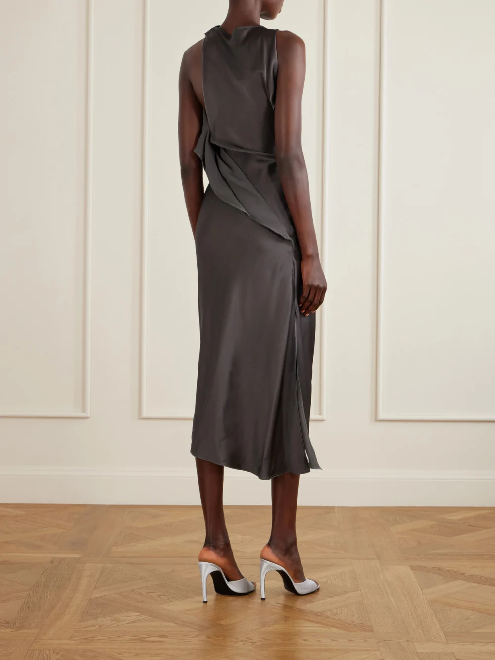 Back view of the Victoria Beckham Draped Satin Midi Dress