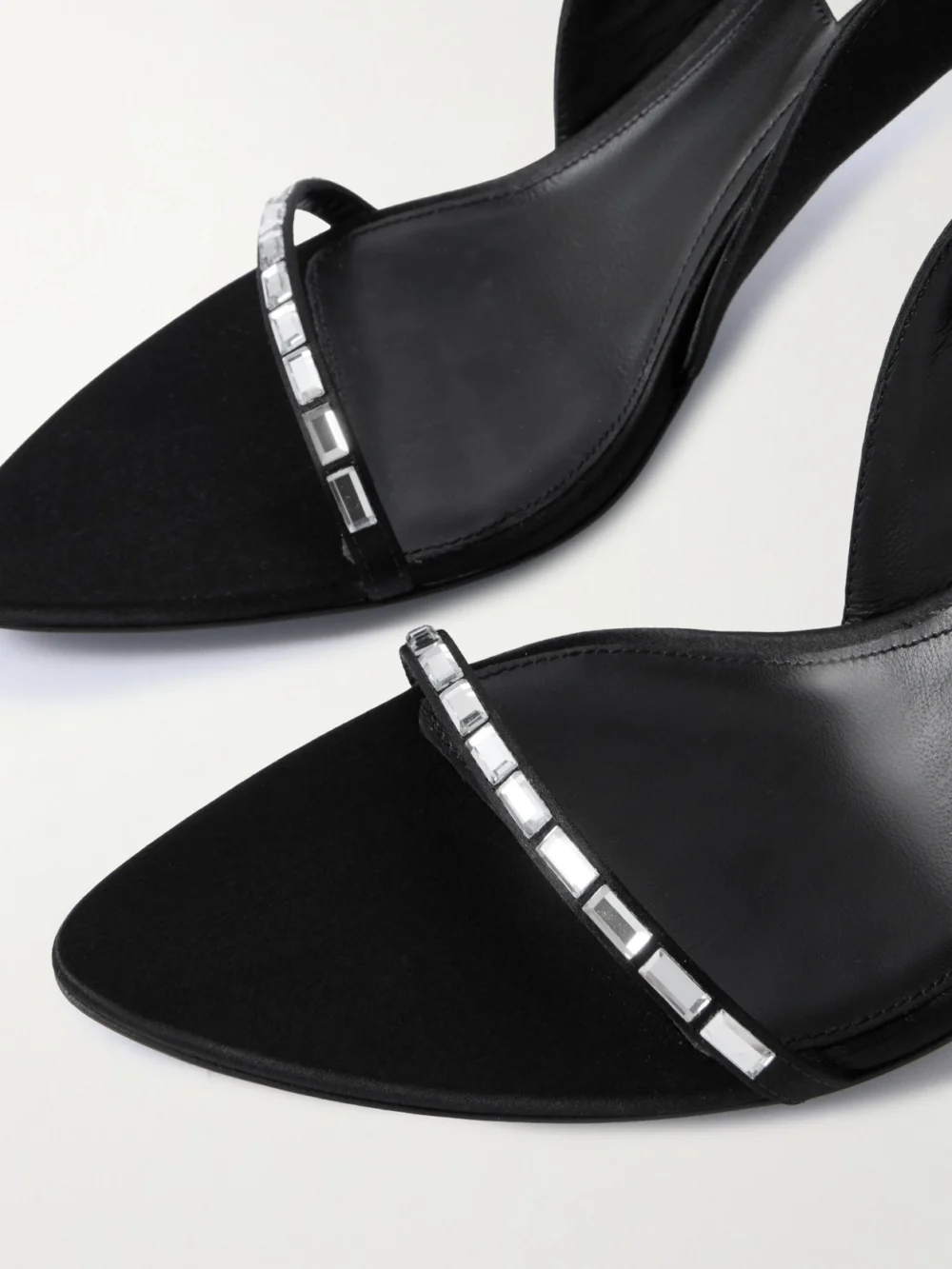 Close-up detail of the Victoria Beckham Eliza Crystal-embellished Satin Sandals