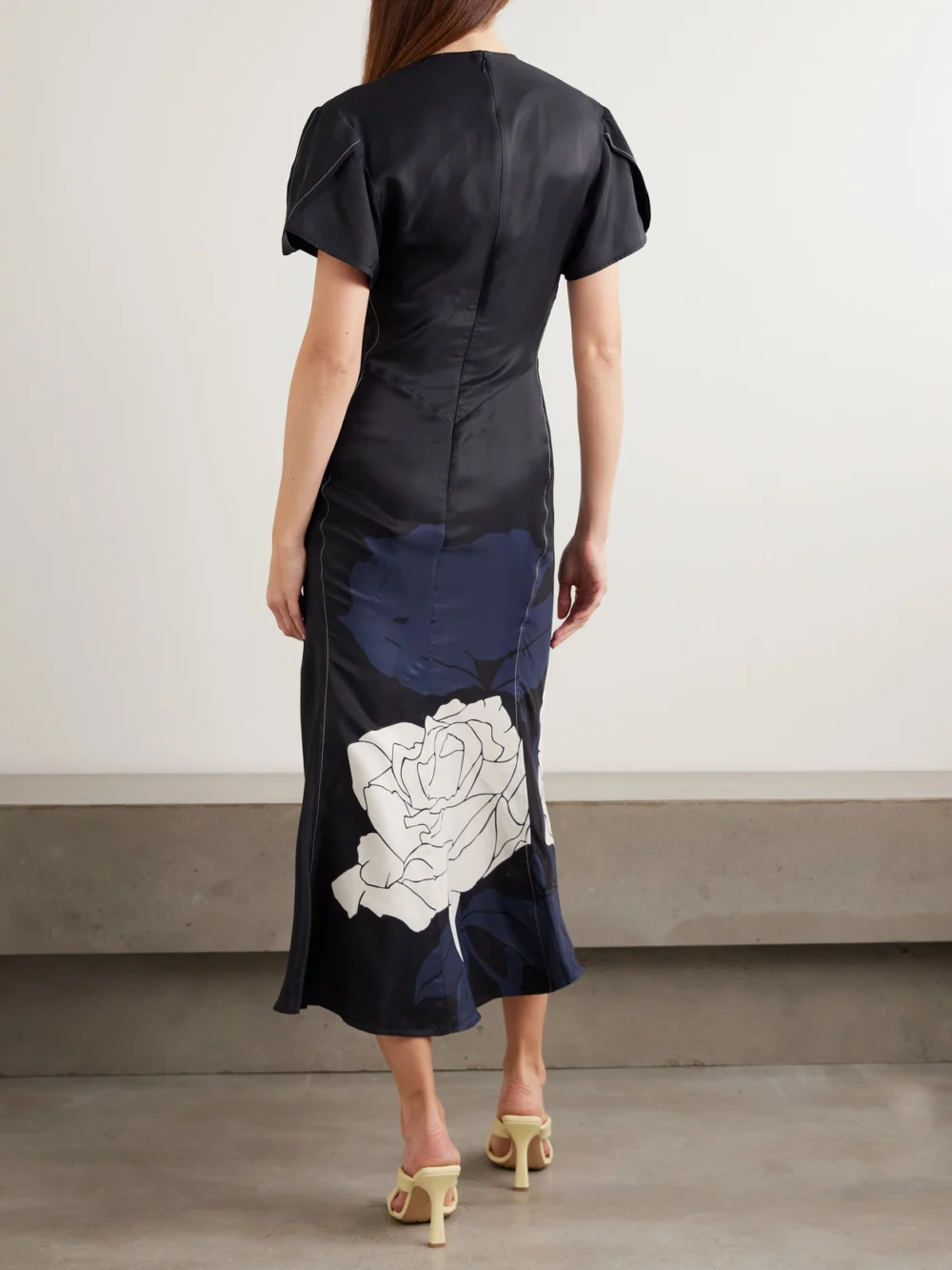 Back view of the Victoria Beckham Eve Layered Gathered Floral-print Satin Midi Dress