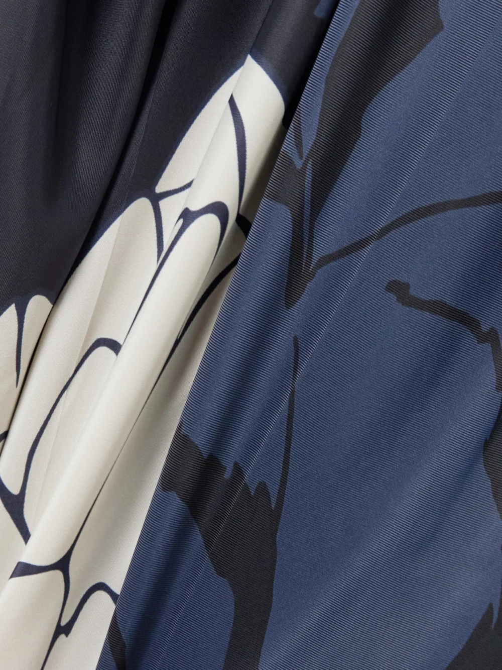Close-up detail of the Victoria Beckham Eve Layered Gathered Floral-print Satin Midi Dress
