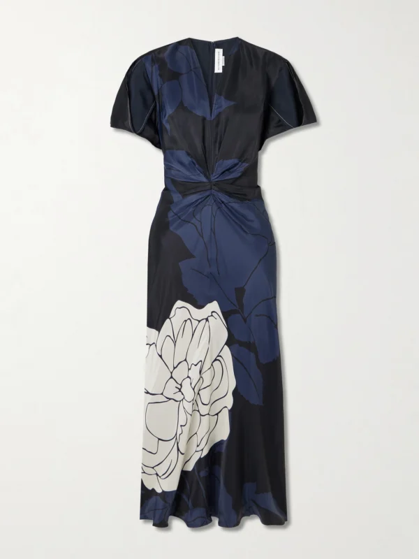 Victoria Beckham Eve Layered Gathered Floral-print Satin Midi Dress