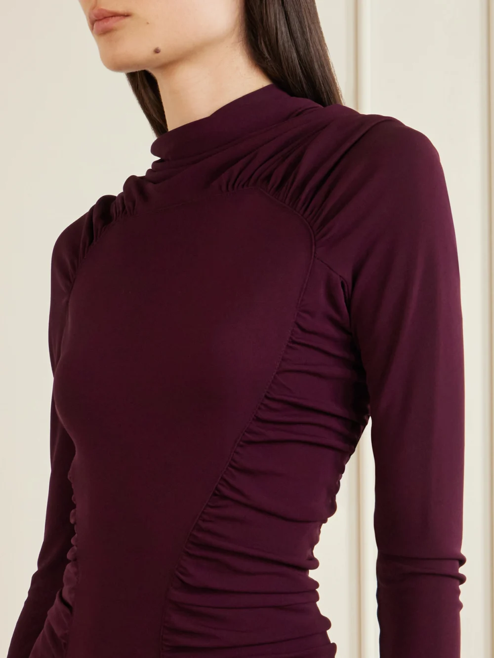 Close-up detail of the Victoria Beckham Gathered Crepe Maxi Dress
