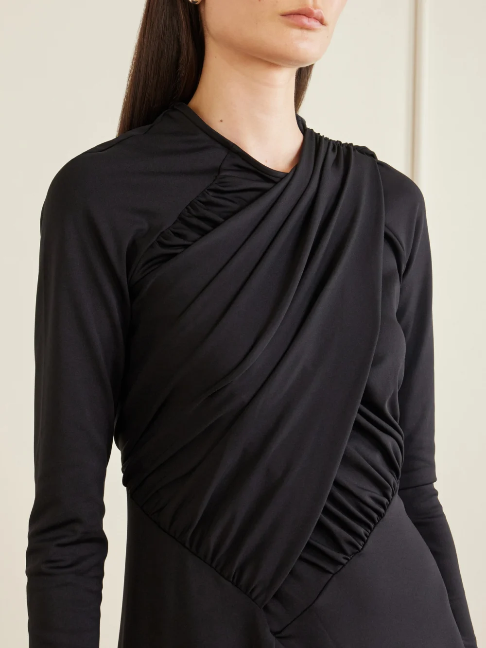 Close-up detail of the Victoria Beckham Gathered Crepe Midi Dress