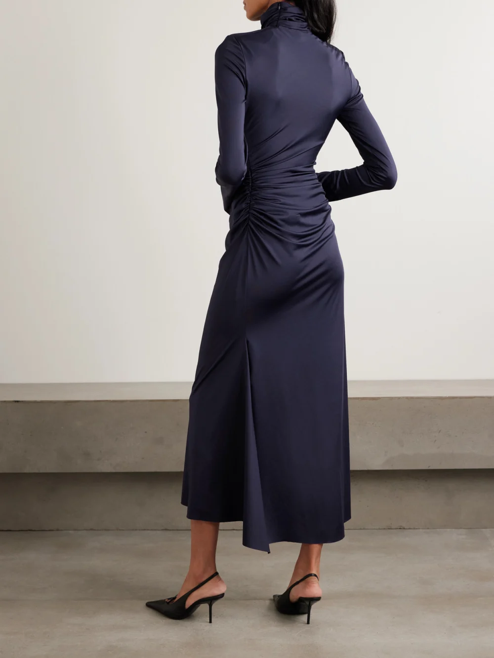 Back view of the Victoria Beckham Gathered Draped Jersey Turtleneck Midi Dress