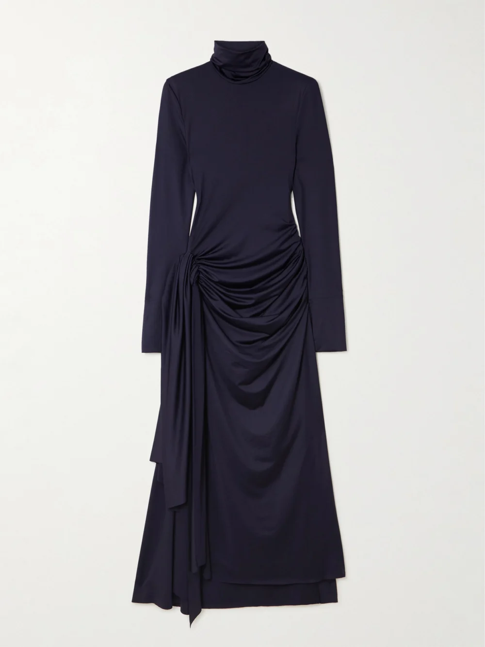 Victoria Beckham Gathered Draped Jersey Turtleneck Midi Dress in navy