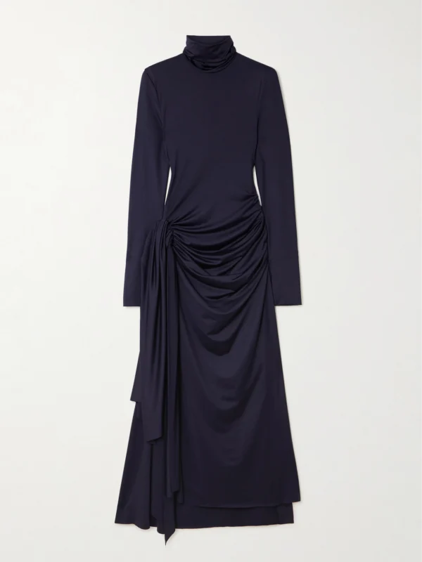 Victoria Beckham Gathered Draped Jersey Turtleneck Midi Dress