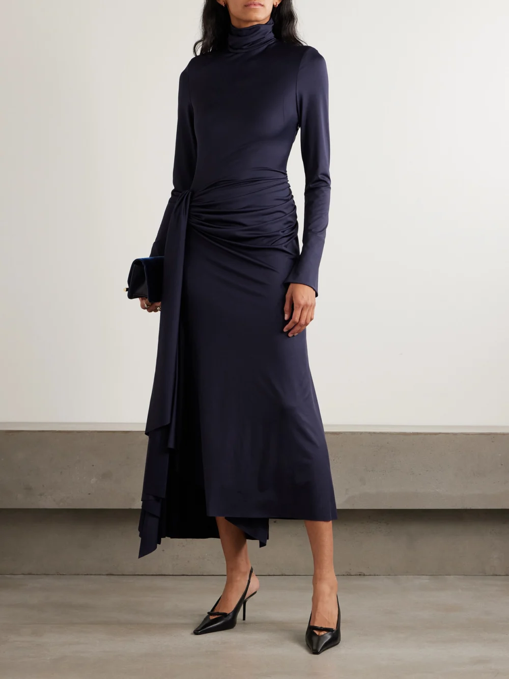 Victoria Beckham Gathered Draped Jersey Turtleneck Midi Dress, worn by a model
