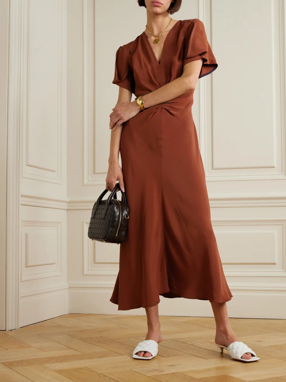 Victoria Beckham Gathered Jersey Midi Dress, worn by a model