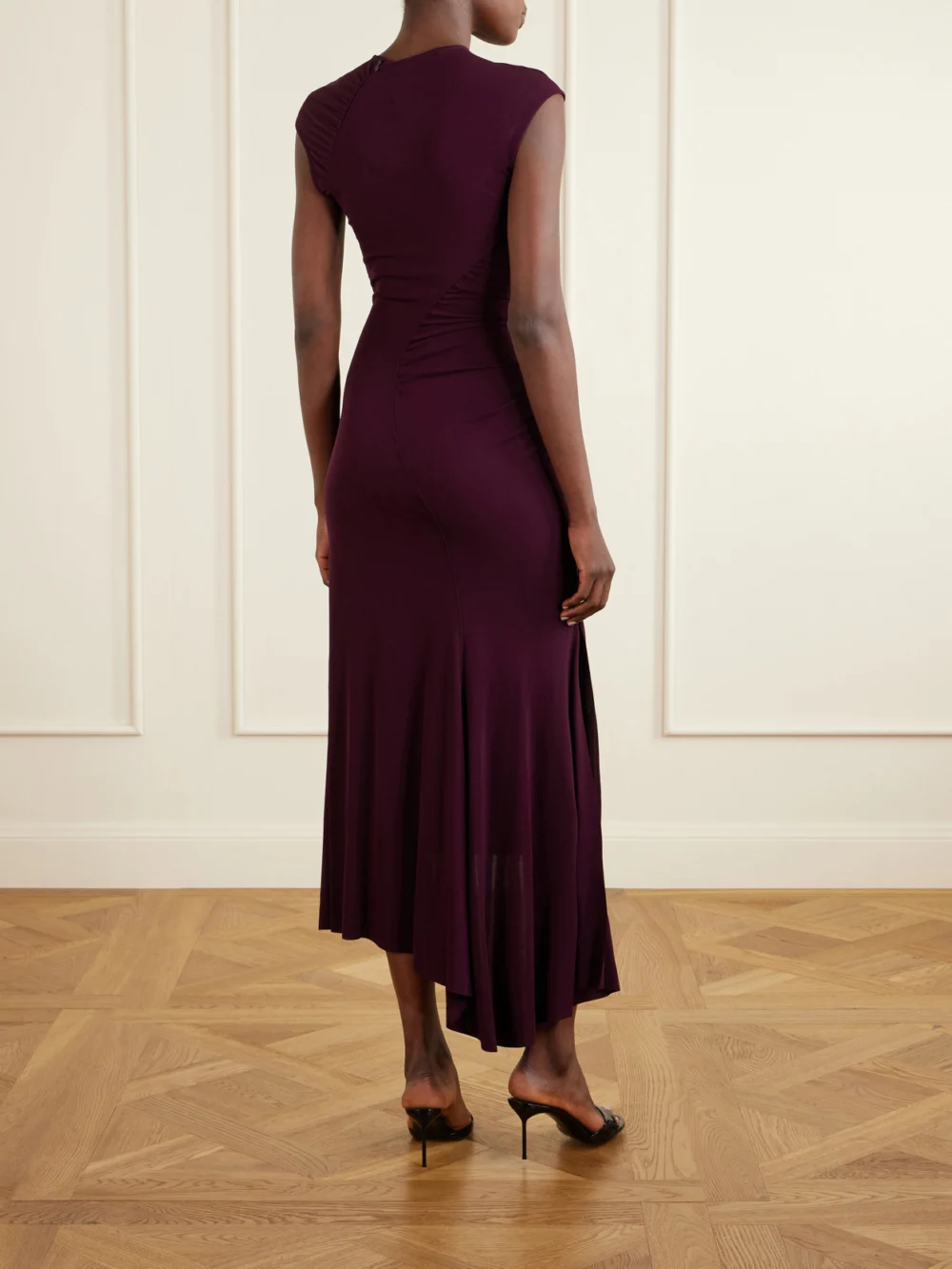 Back view of the Victoria Beckham Gathered Jersey Midi Dress