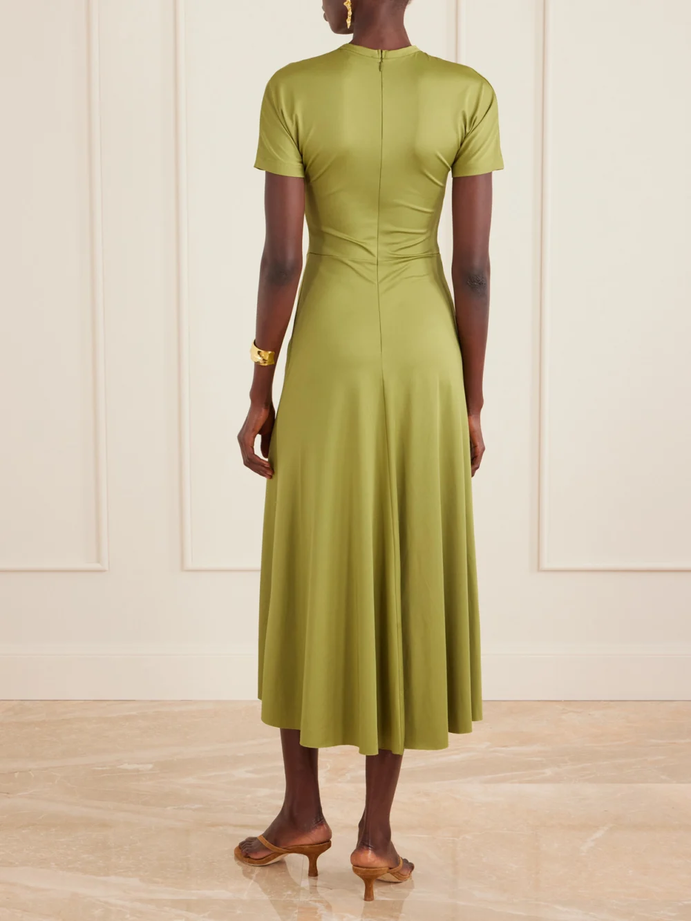 Back view of the Victoria Beckham Gathered Satin-jersey Midi Dress