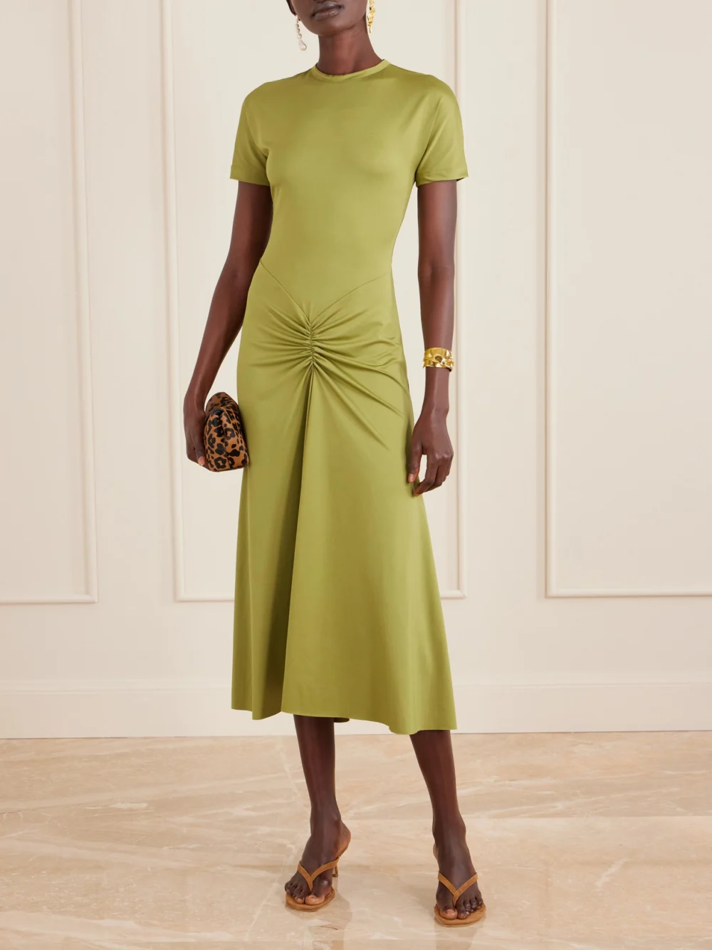 Victoria Beckham Gathered Satin-jersey Midi Dress, worn by a model