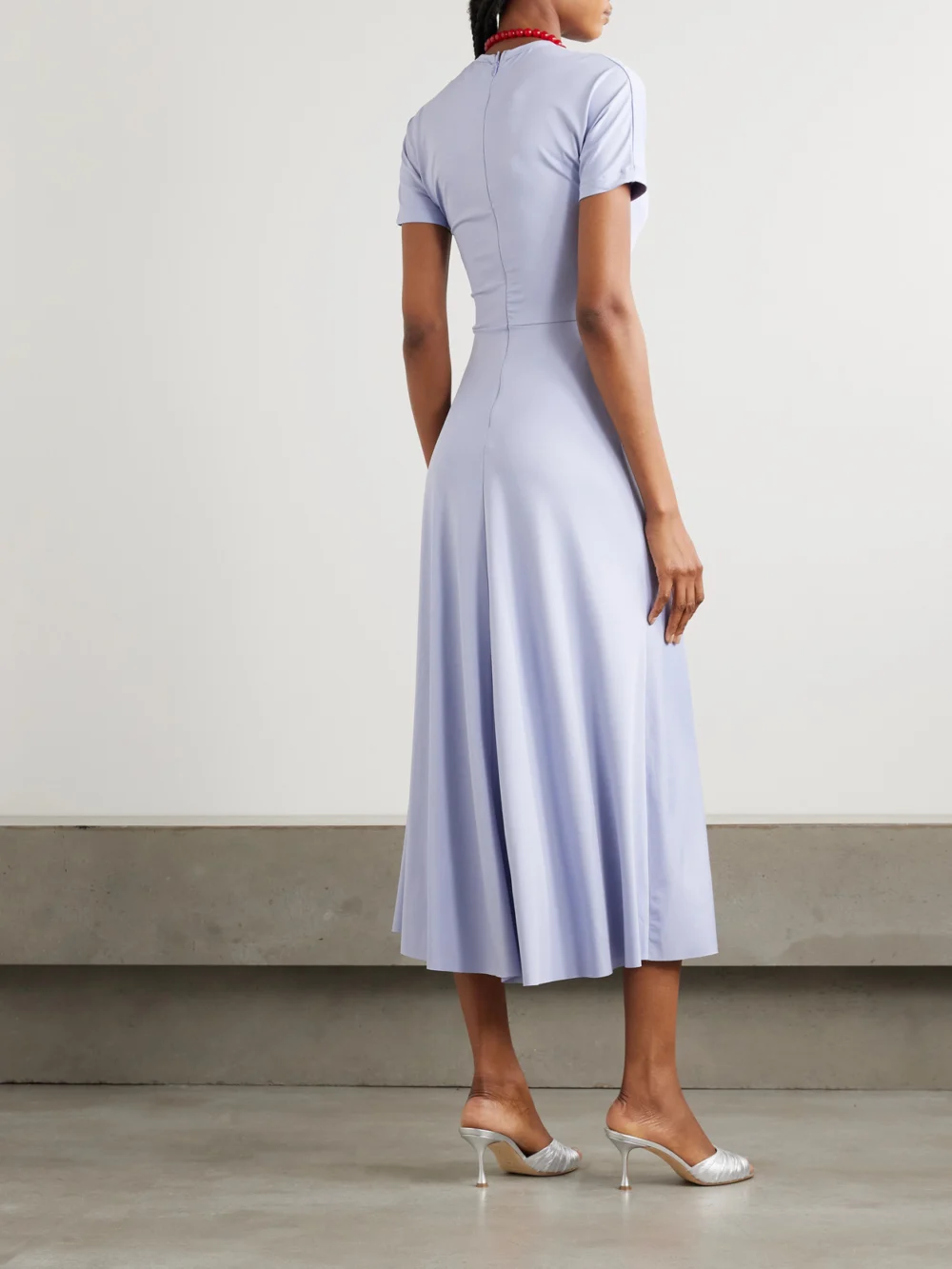 Back view of the Victoria Beckham Gathered Satin-jersey Midi Dress