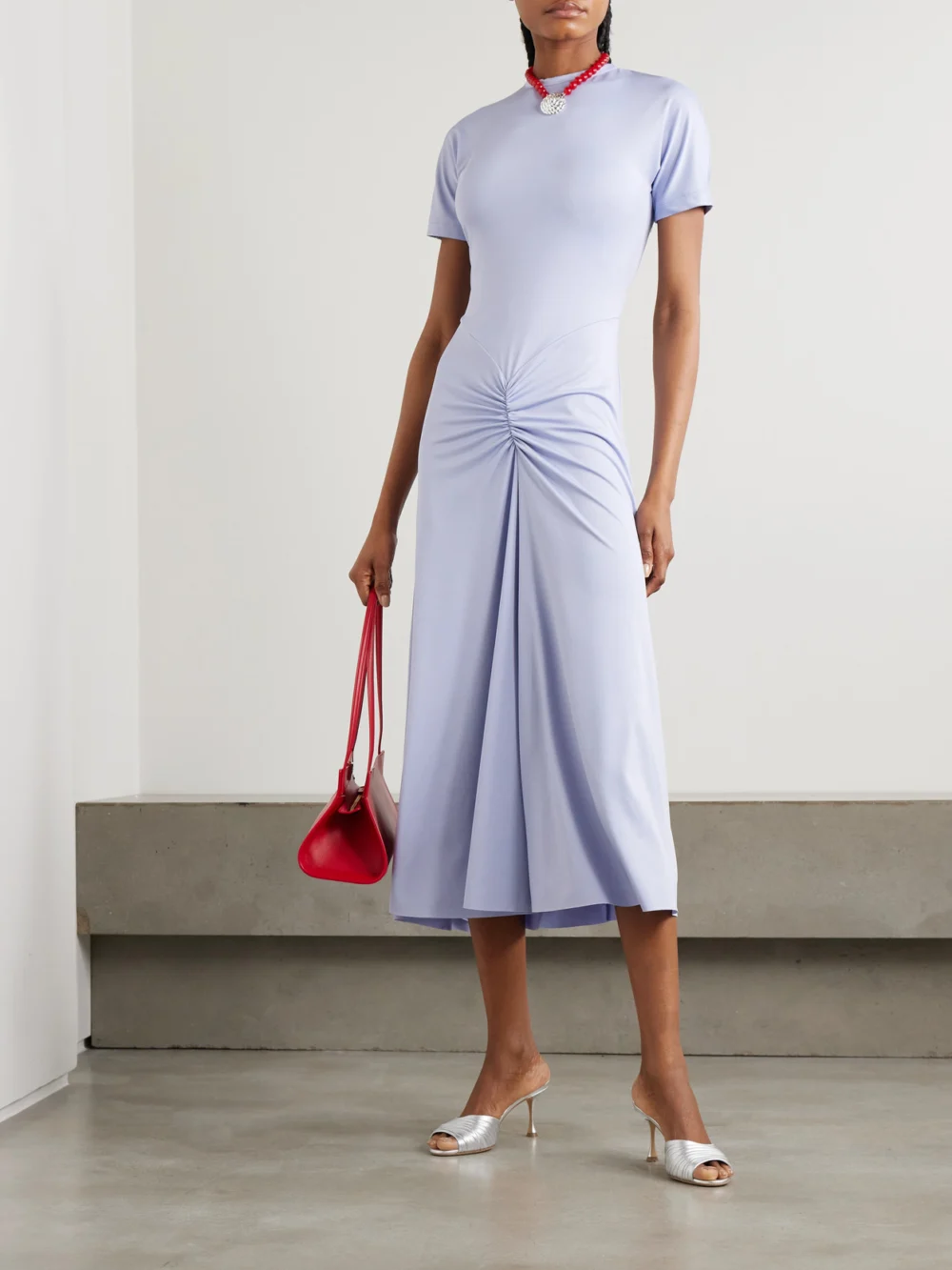Victoria Beckham Gathered Satin-jersey Midi Dress, worn by a model