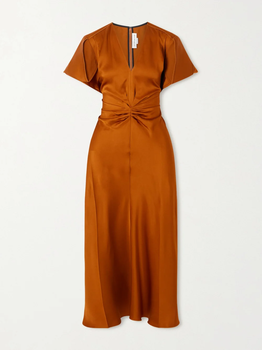 Victoria Beckham Gathered Satin Midi Dress in bronze
