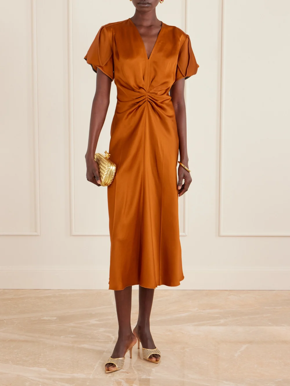 Victoria Beckham Gathered Satin Midi Dress, worn by a model