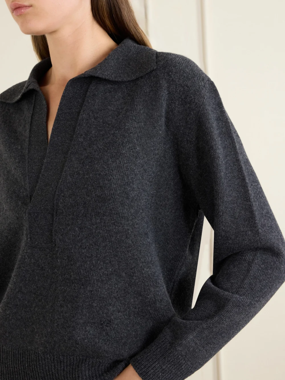 Close-up detail of the Victoria Beckham Genevieve Wool and Cashmere Polo Sweater