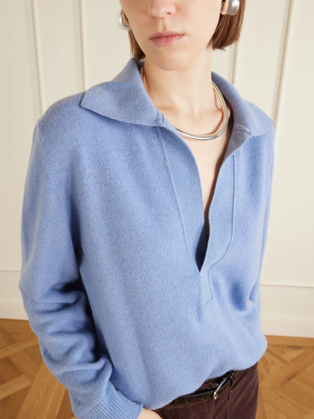 Close-up detail of the Victoria Beckham Genevieve Wool and Cashmere Polo Sweater