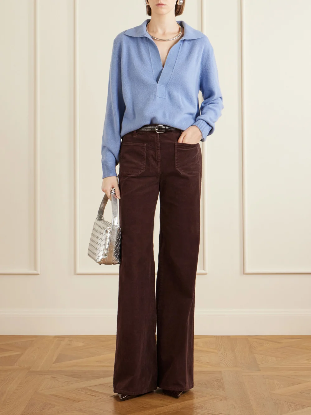Victoria Beckham Genevieve Wool and Cashmere Polo Sweater, worn by a model