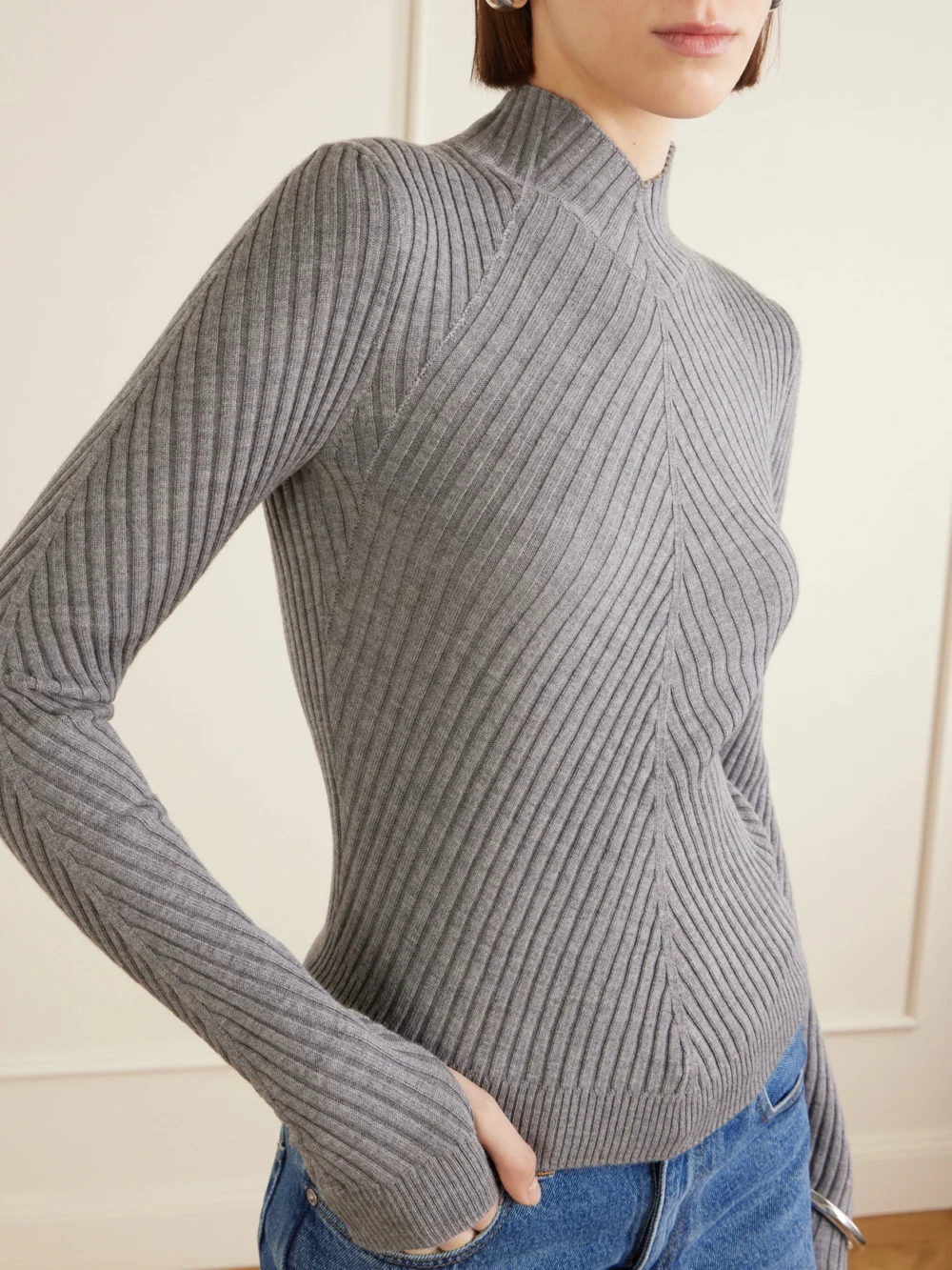 Close-up detail of the Victoria Beckham Georgia Ribbed Merino Wool Sweater