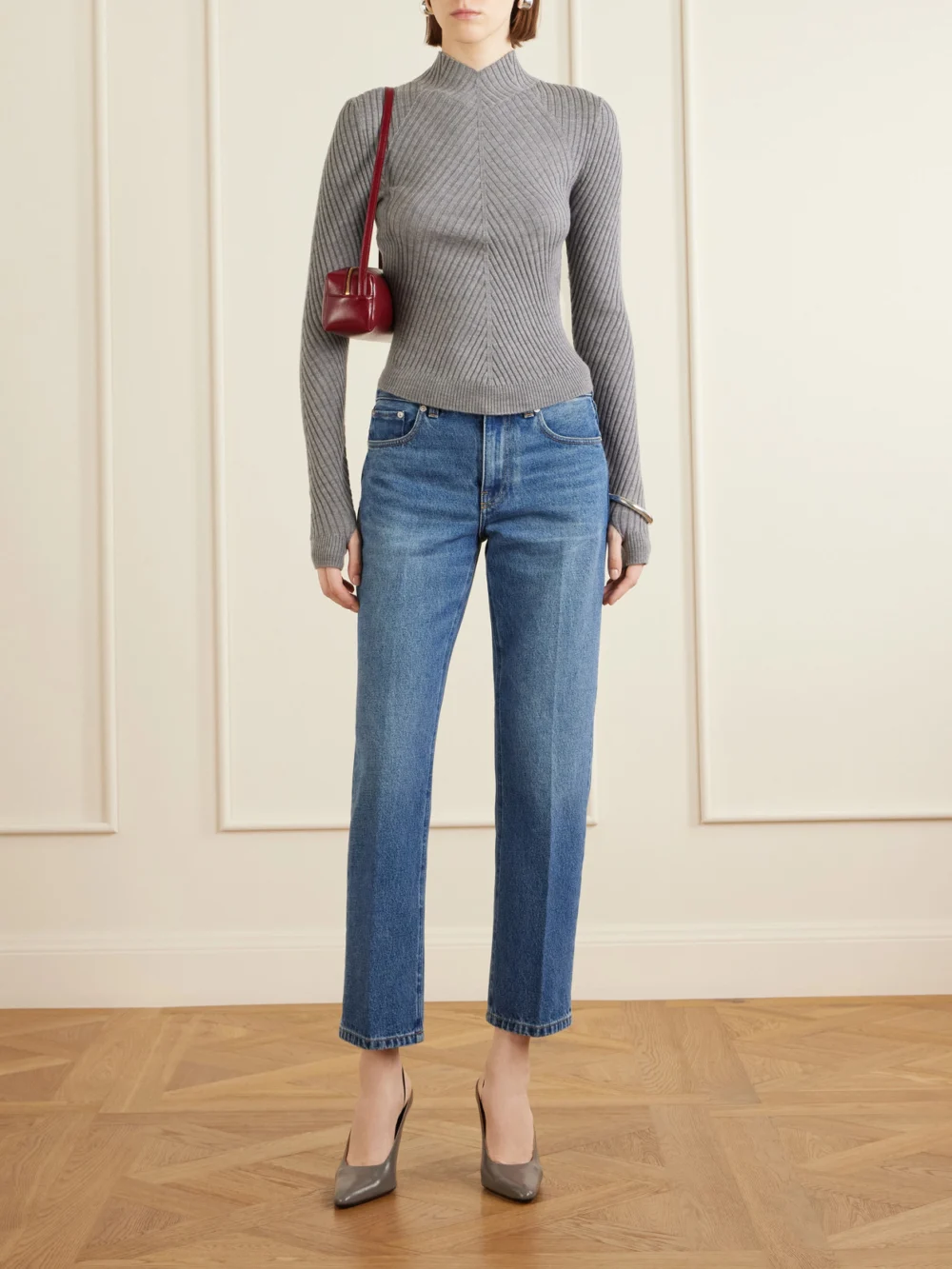 Victoria Beckham Georgia Ribbed Merino Wool Sweater, worn by a model