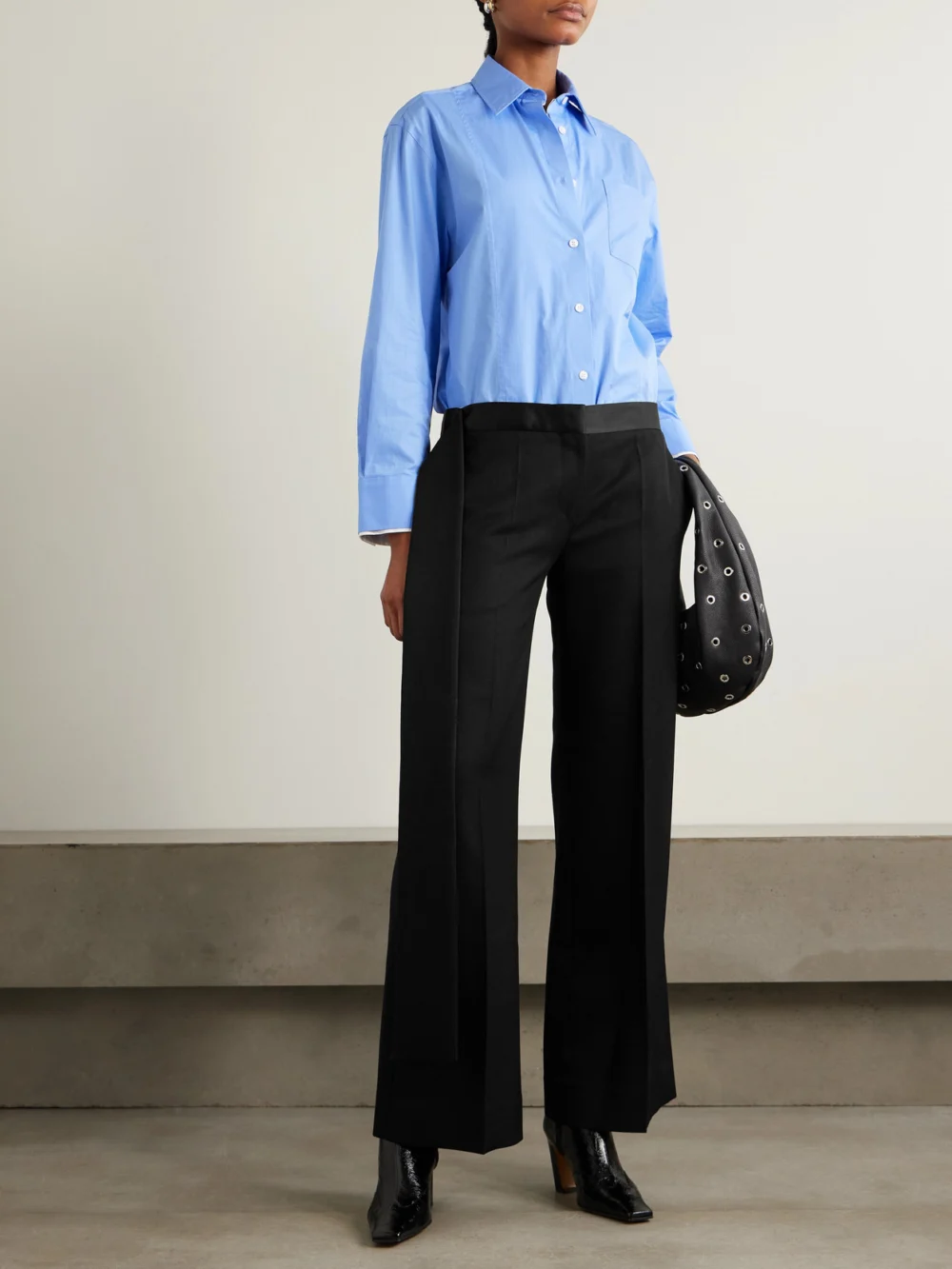 Victoria Beckham Gigi Satin-trimmed Crepe Straight-leg Pants, worn by a model