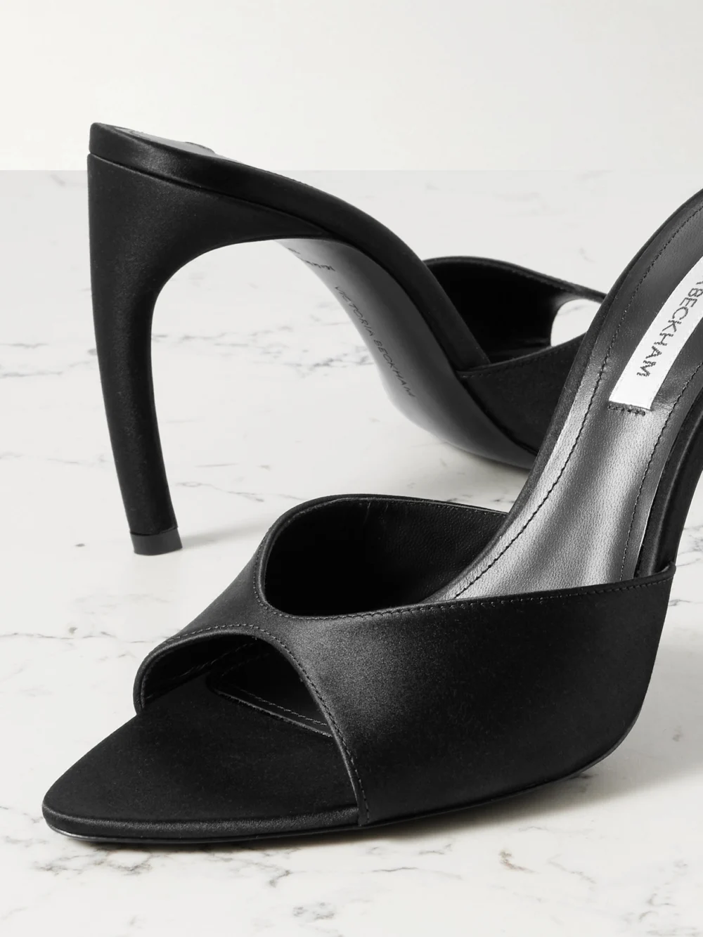 Close-up detail of the Victoria Beckham Harlow 100 Satin Mules