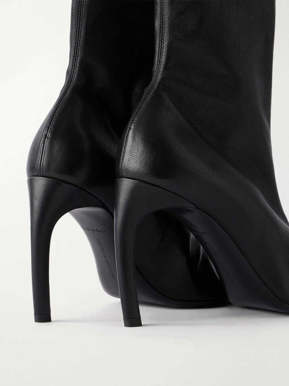 Close-up detail of the Victoria Beckham Harlow Distressed Leather Ankle Boots