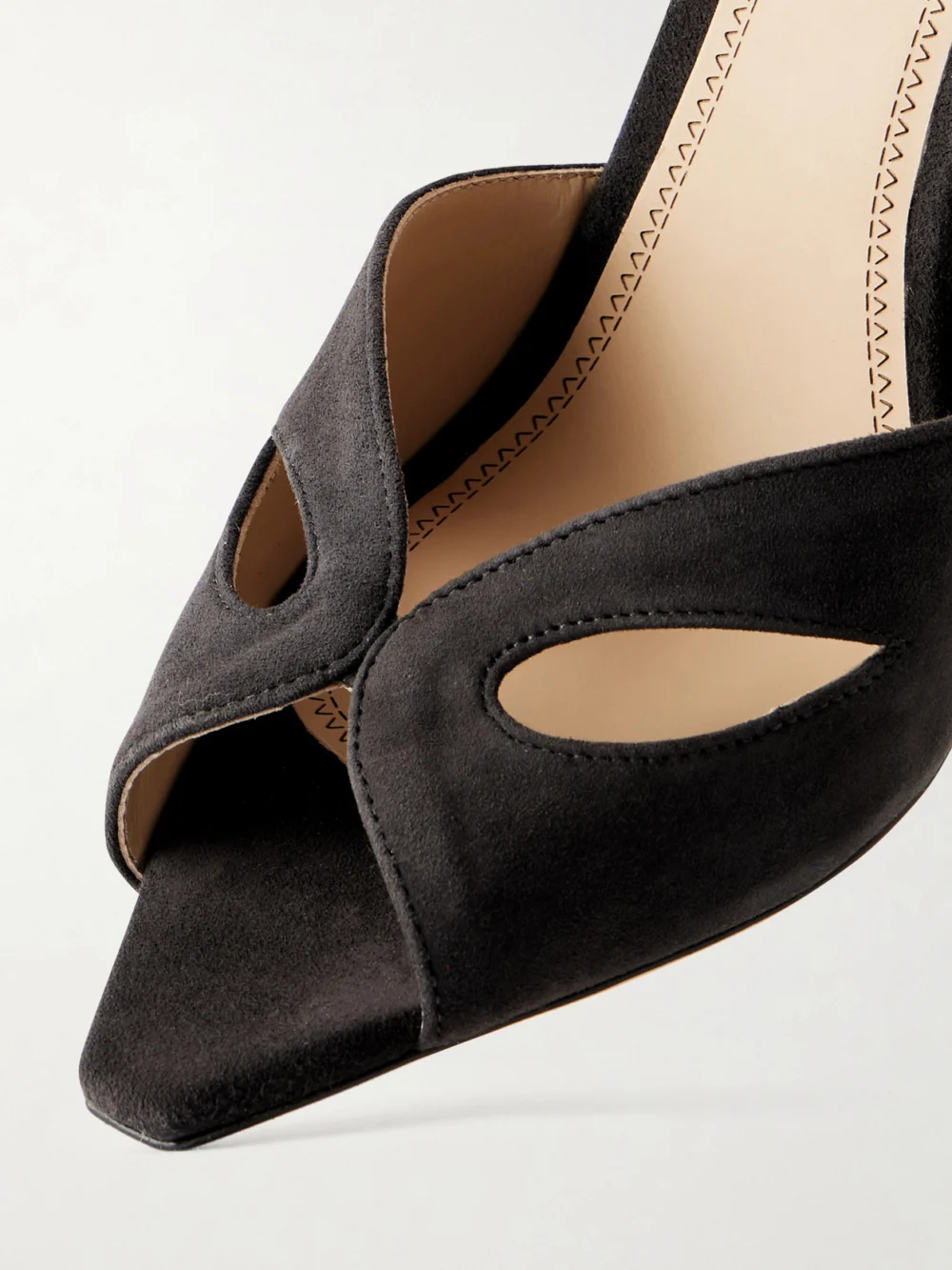 Close-up detail of the Victoria Beckham Harlow Mask 100 Suede Sandals