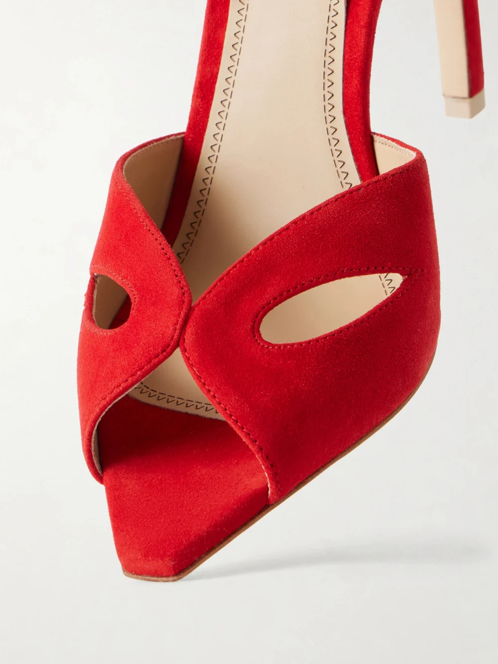 Close-up detail of the Victoria Beckham Harlow Mask 100 Suede Sandals