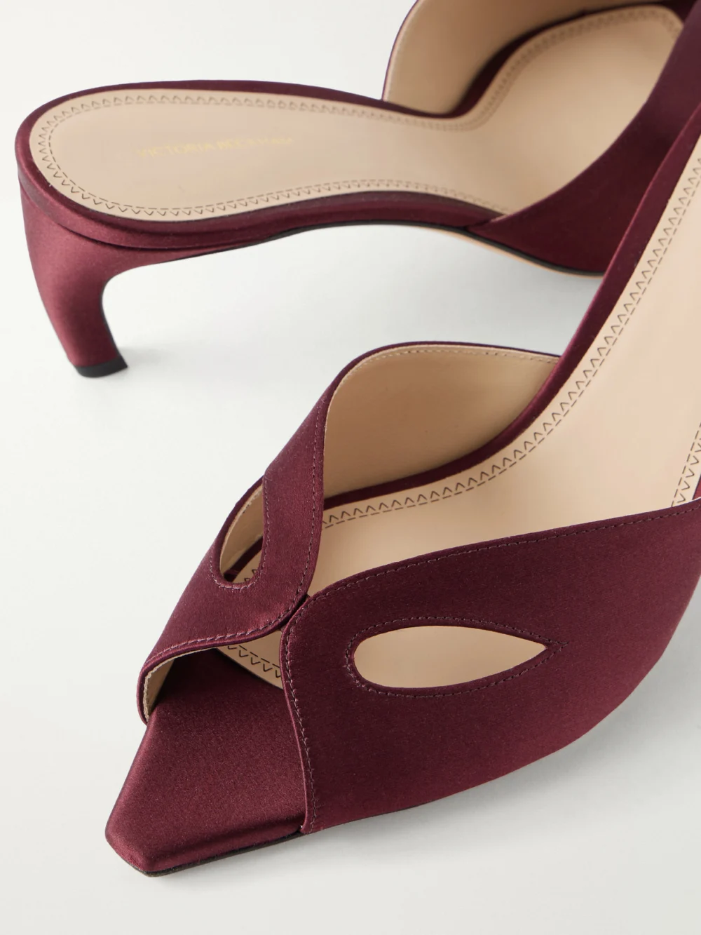 Close-up detail of the Victoria Beckham Harlow Mask 55 Satin Sandals