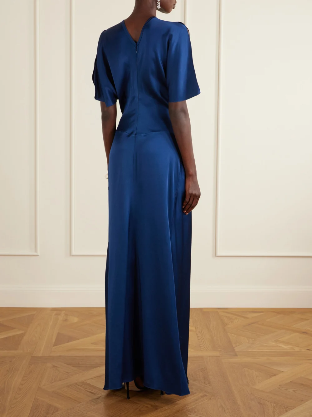 Back view of the Victoria Beckham Isabella Ruched Satin Gown