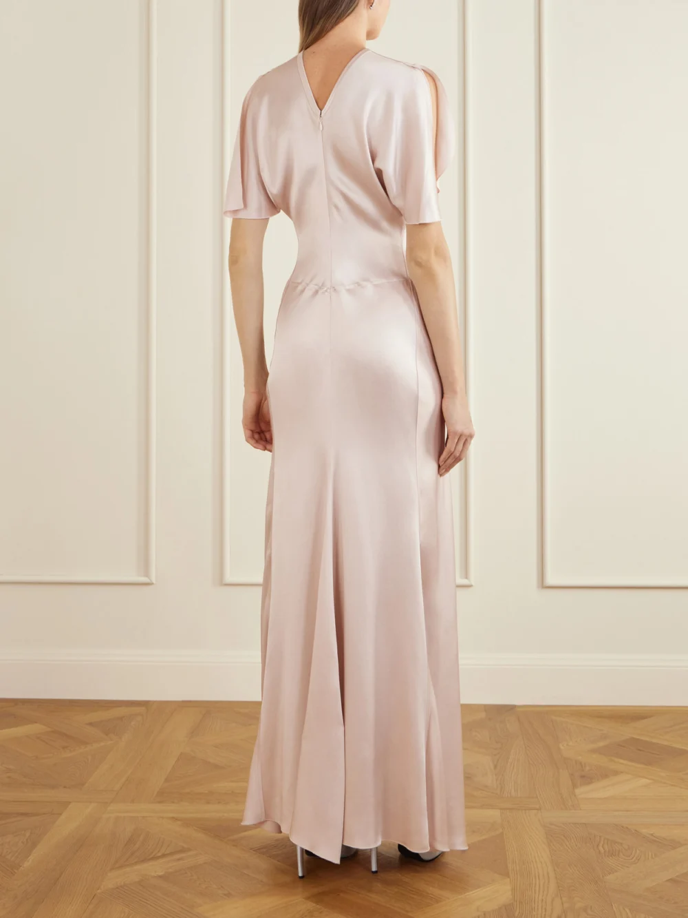Back view of the Victoria Beckham Isabella Ruched Satin Maxi Dress