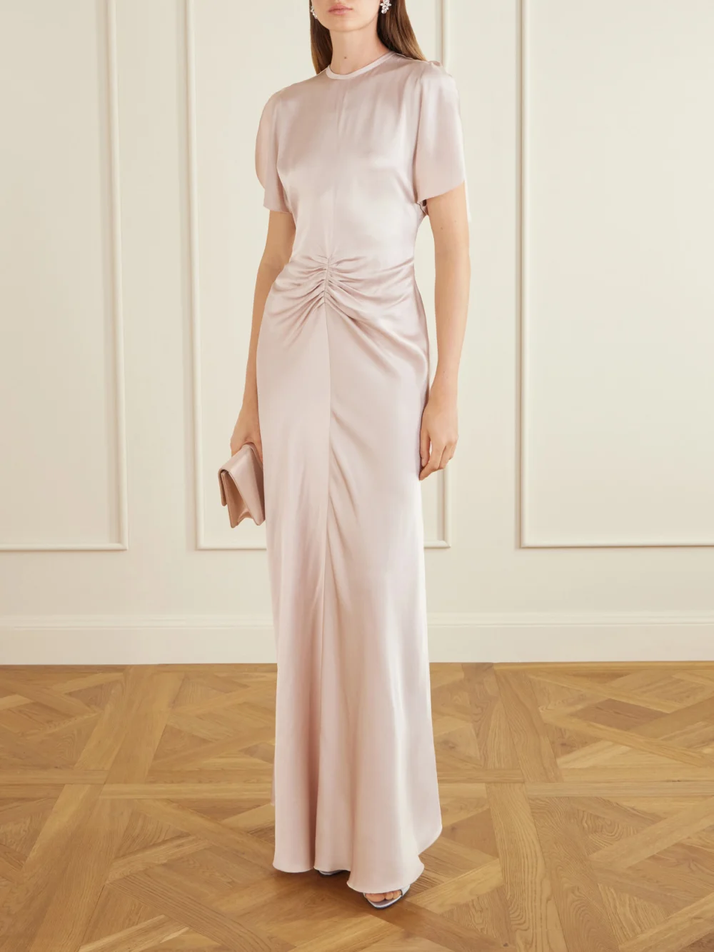 Victoria Beckham Isabella Ruched Satin Maxi Dress, worn by a model